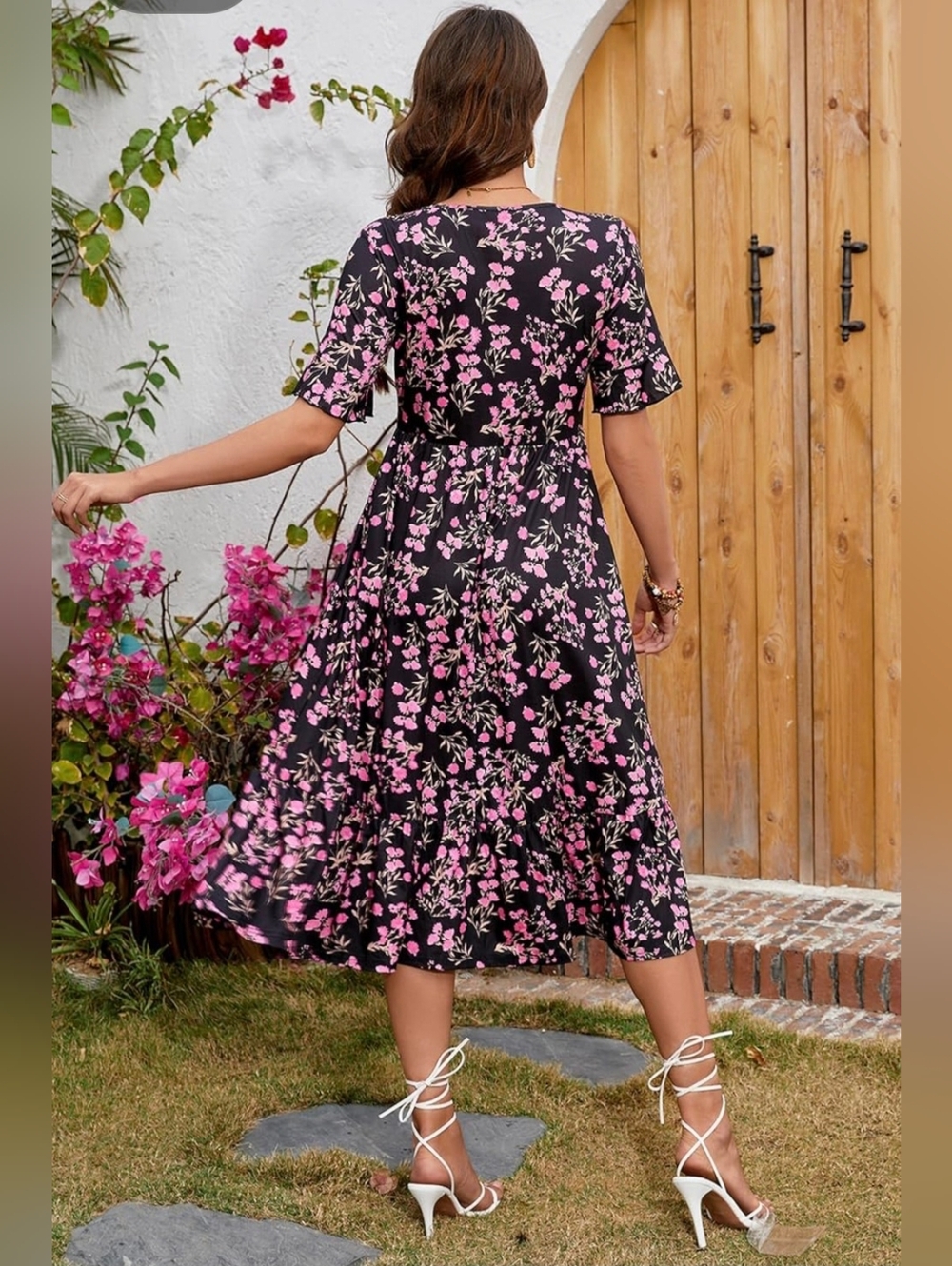 Black Floral Midi Dress with Pink Blossom Accents - Picture 3 of 3